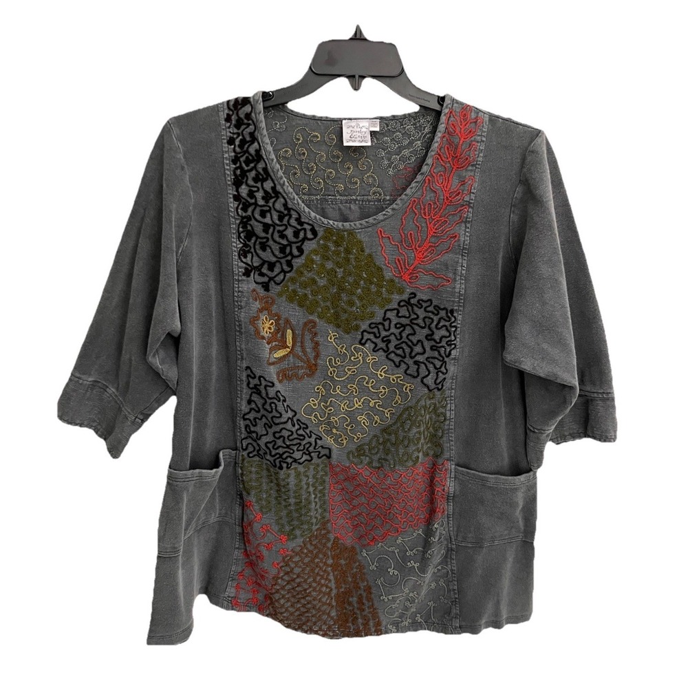 Parsley & Sage Top Sz 2X Embroidered Gray Boho Whimsical
